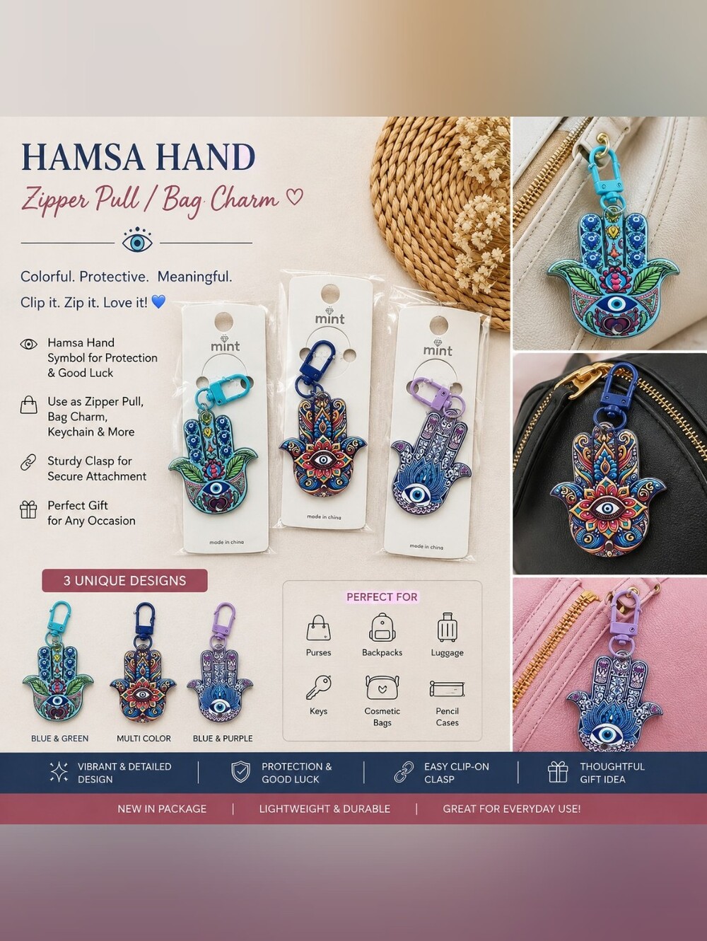 Mint Kids Hamsa Hand Bag Charm - Blue, Teal & Purple